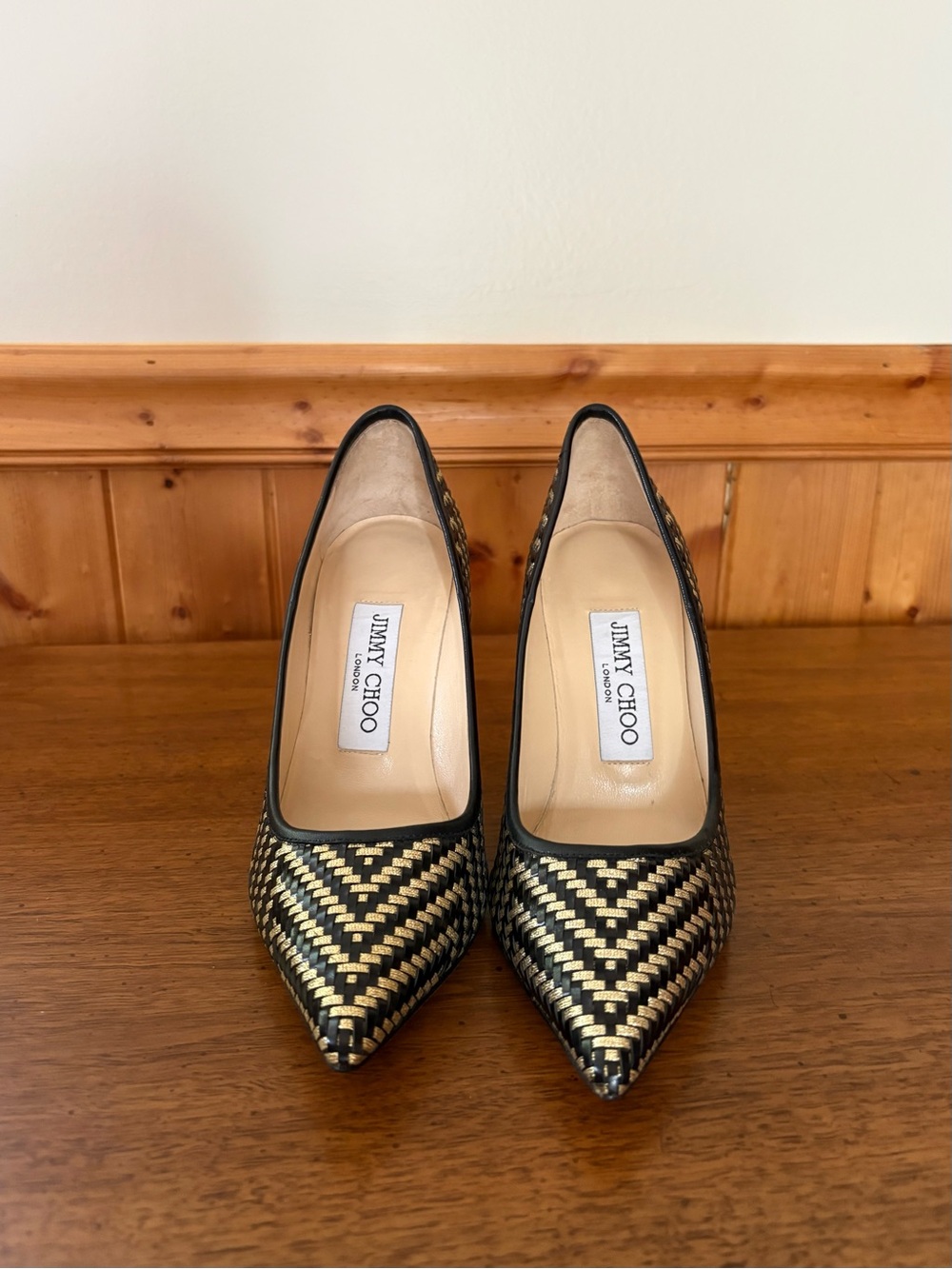 Jimmy Choo Black and Gold Woven Pointed Pumps